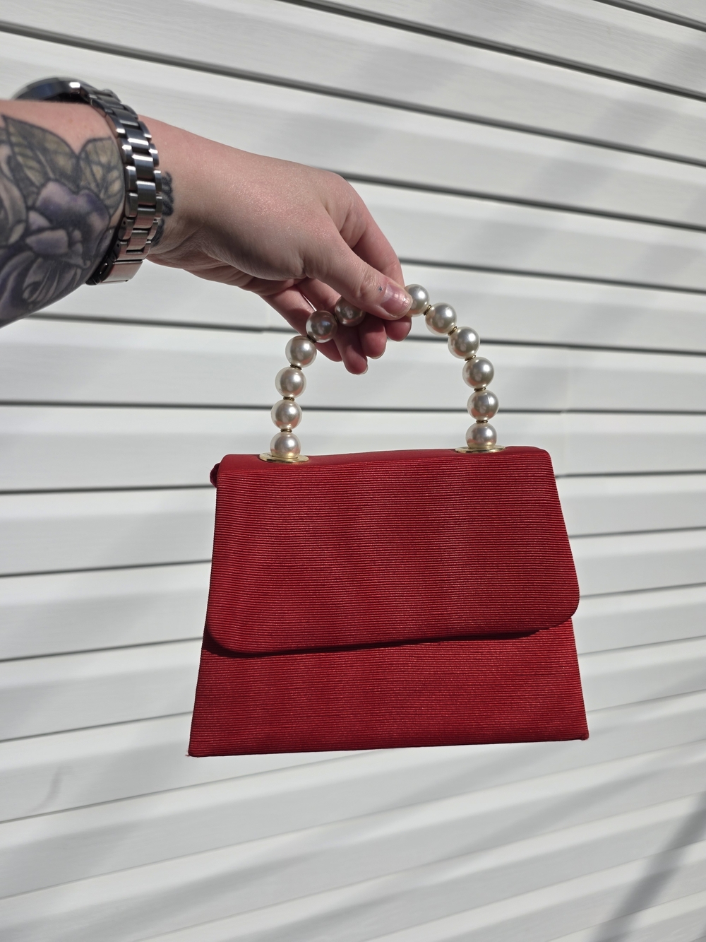 Red Pearl-Handle Structured Top-Handle Bag